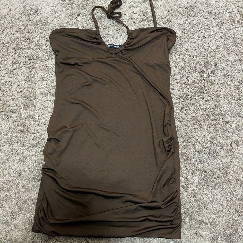 Fashion Nova Dress Womens L Brown Halter Mini‎ Bodycon Ruched Stretch Night Out